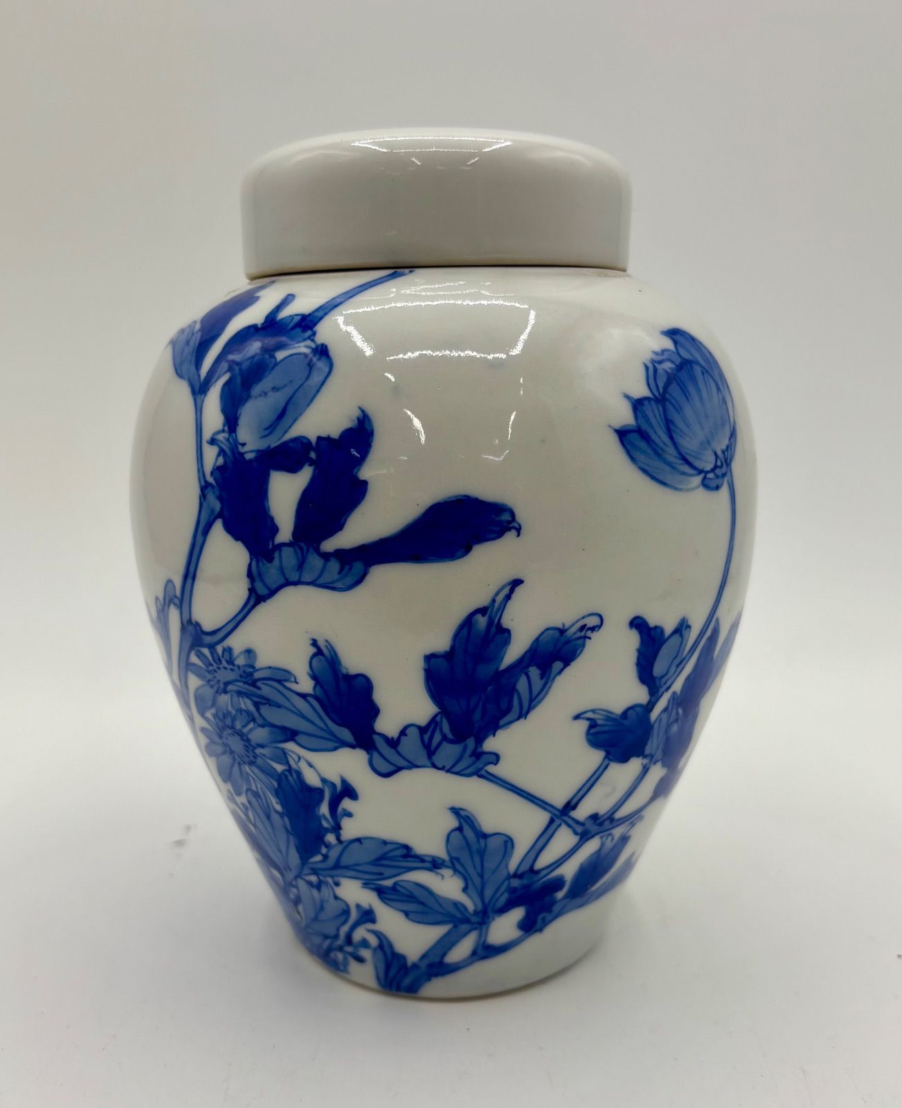 茶壺】瀬戸染付 蓋付き 茶壺 高さ16cm 古陶磁 青花 花文様 古