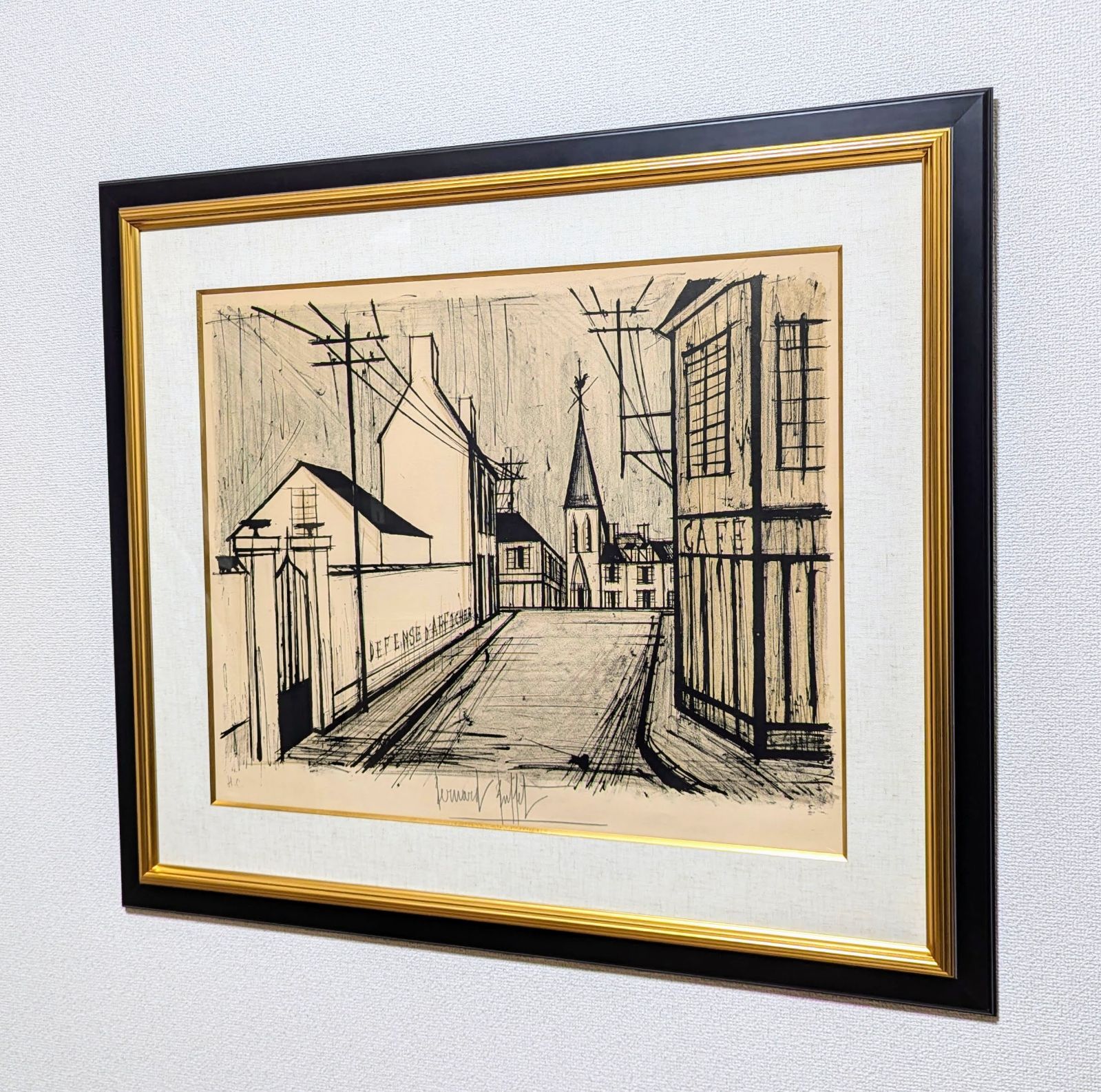 ベルナール・ビュッフェ「坂道と教会」リトグラフ 直筆サイン 1969年