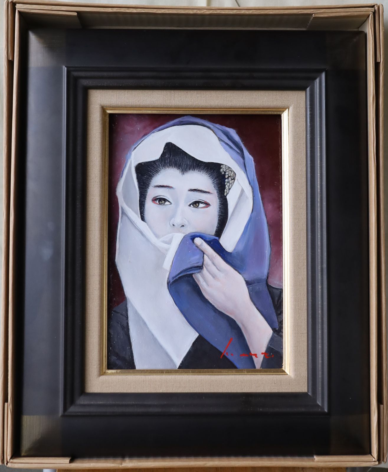 油彩画作者不詳《婦人像》木枠額装肉筆画 油彩画【海老】 肉筆画 昭和41年