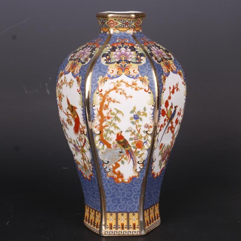 清乾隆蒔金琺瑯彩花鳥六方賞瓶 景徳鎮 陶磁器 装飾品