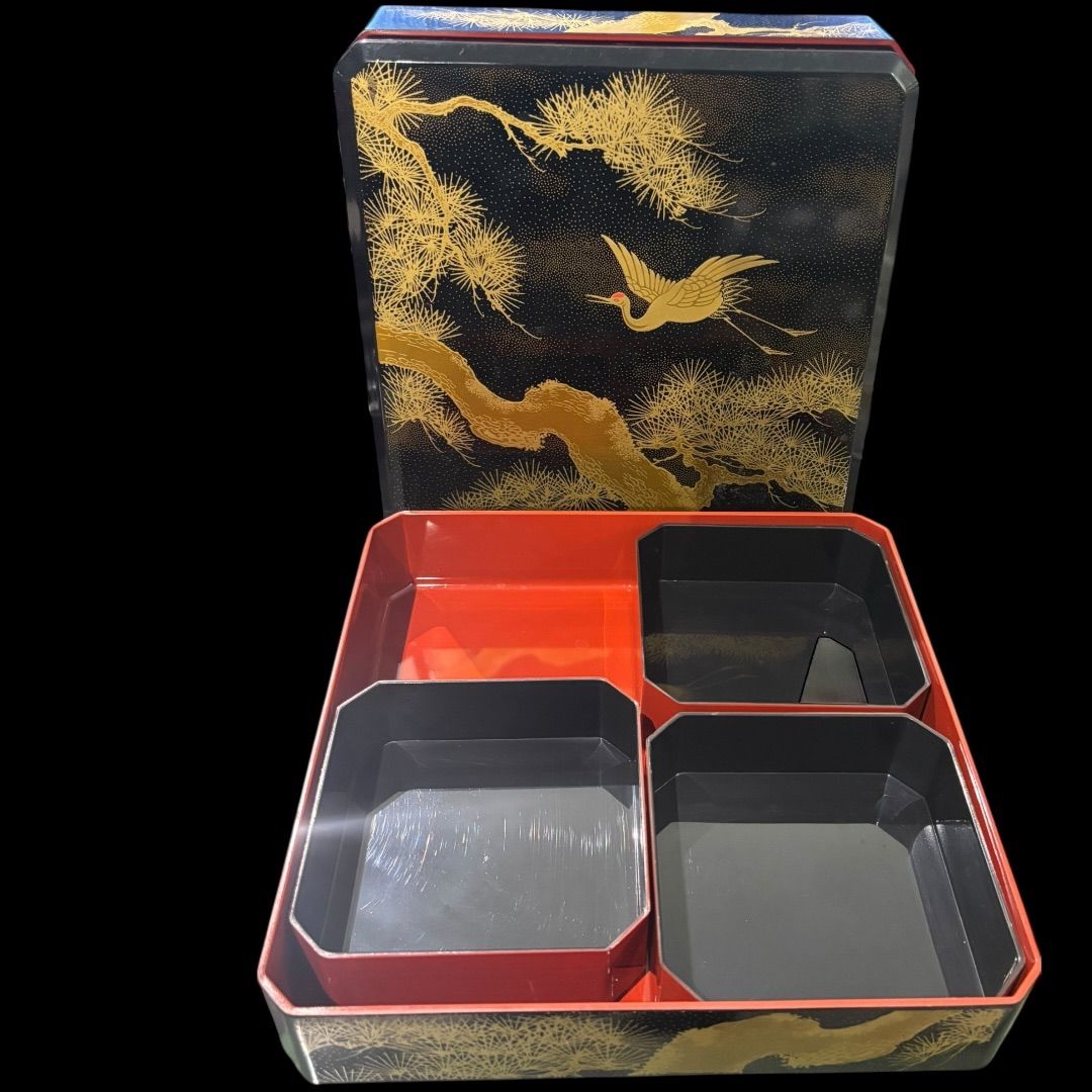 二段重箱 お重 蒔絵 縁起物 正月 鶴 松 天然木 昭和レトロ 会津塗 工芸