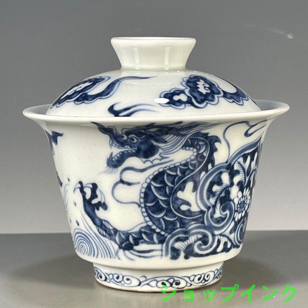 中国茶器 景徳鎮 青花竜紋馬蹄三才蓋碗 茶杯 茶道具 煎茶器 新品