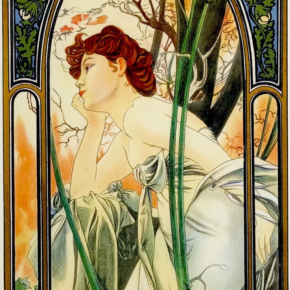 ミュシャ □ミュシャ 【四つの時の流れ 夜のやすらぎ】 シルク