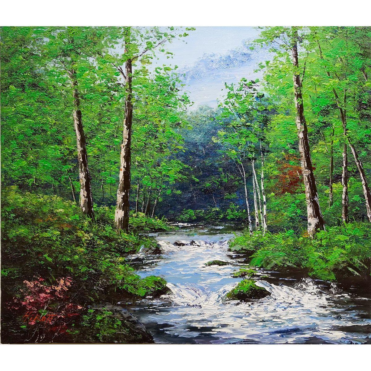 真作】絵画 油彩10号 湖畔と雪山 静謐な自然美あふれる風景画 Y51 真作