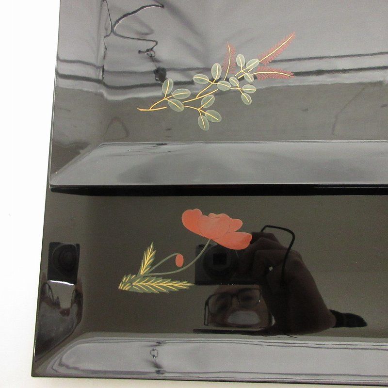 人気 卓上膳 輪島塗 草花絵替蒔絵 五枚組 共箱 来客用 黒 ブラック □SG