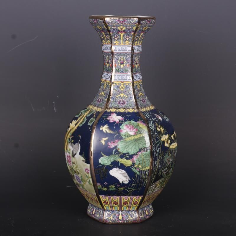 金花鳥六方瓶 景徳鎮 花瓶 琺瑯彩パステル磁器 現代工芸品 美術品 装飾