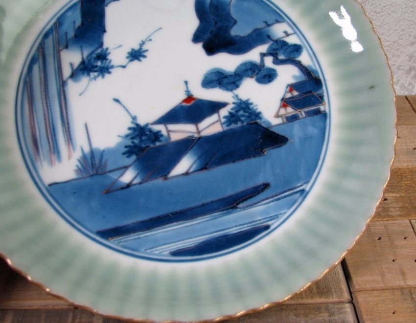 古伊万里 染付・青磁 縁鎬 山水楼閣文中皿5枚 幅：21.5cm