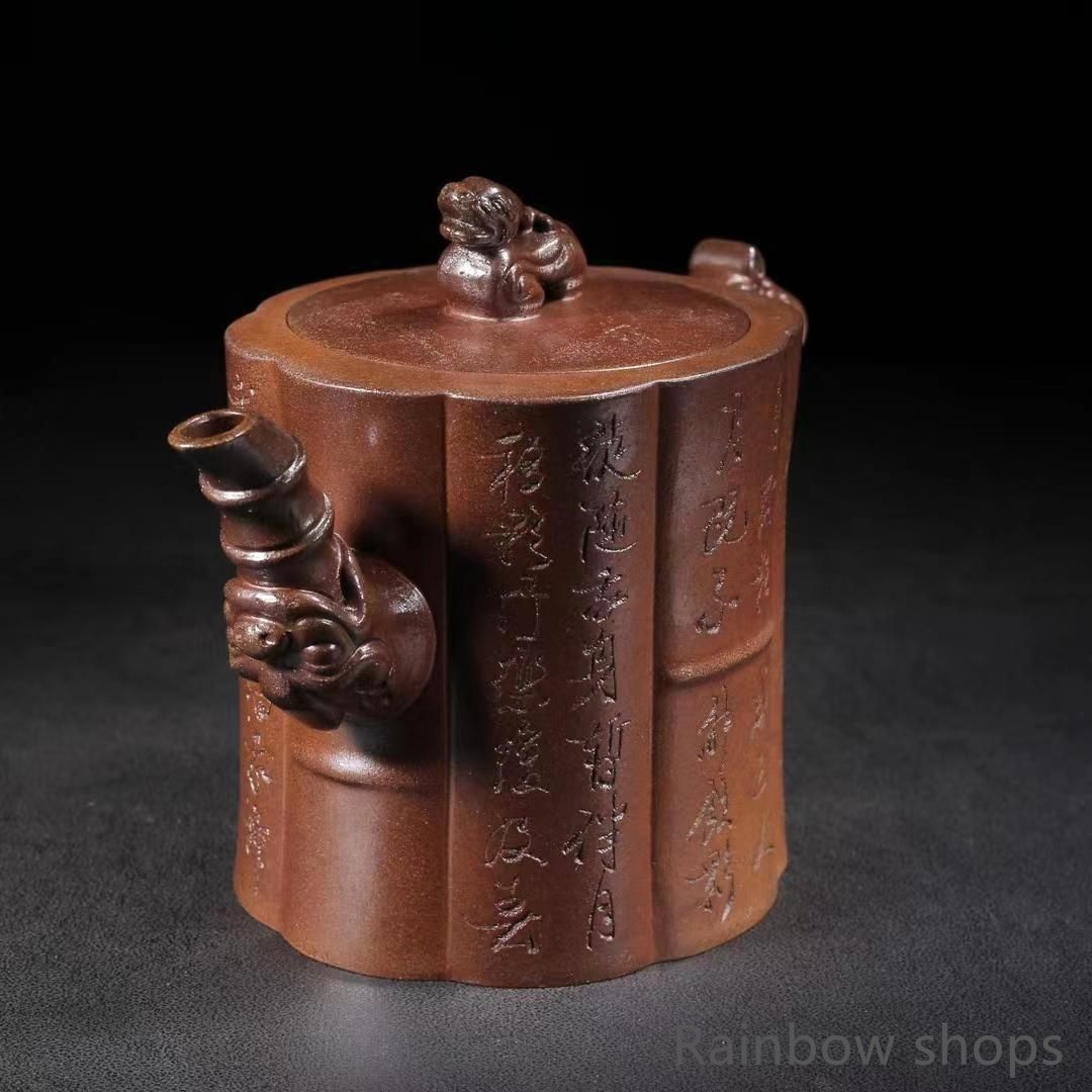 中国古美術・宜興原鉱紫泥 樹桩急須・紫砂壺・底款:蒋蓉・朱泥・急須