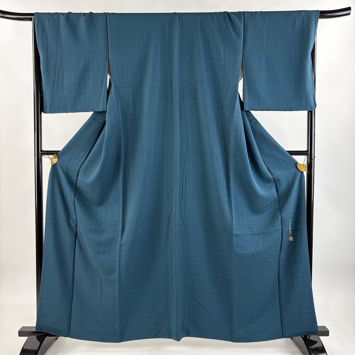 色無地 身丈154cm 裄丈64cm M 袷 地紋 ディスカウント 紺色 正絹 名品