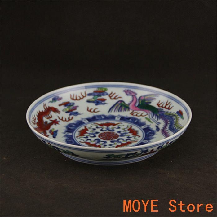 清雍正青花斗彩龍鳳図磁器皿 景徳鎮 陶磁器 装飾品 現代工芸品 美術品