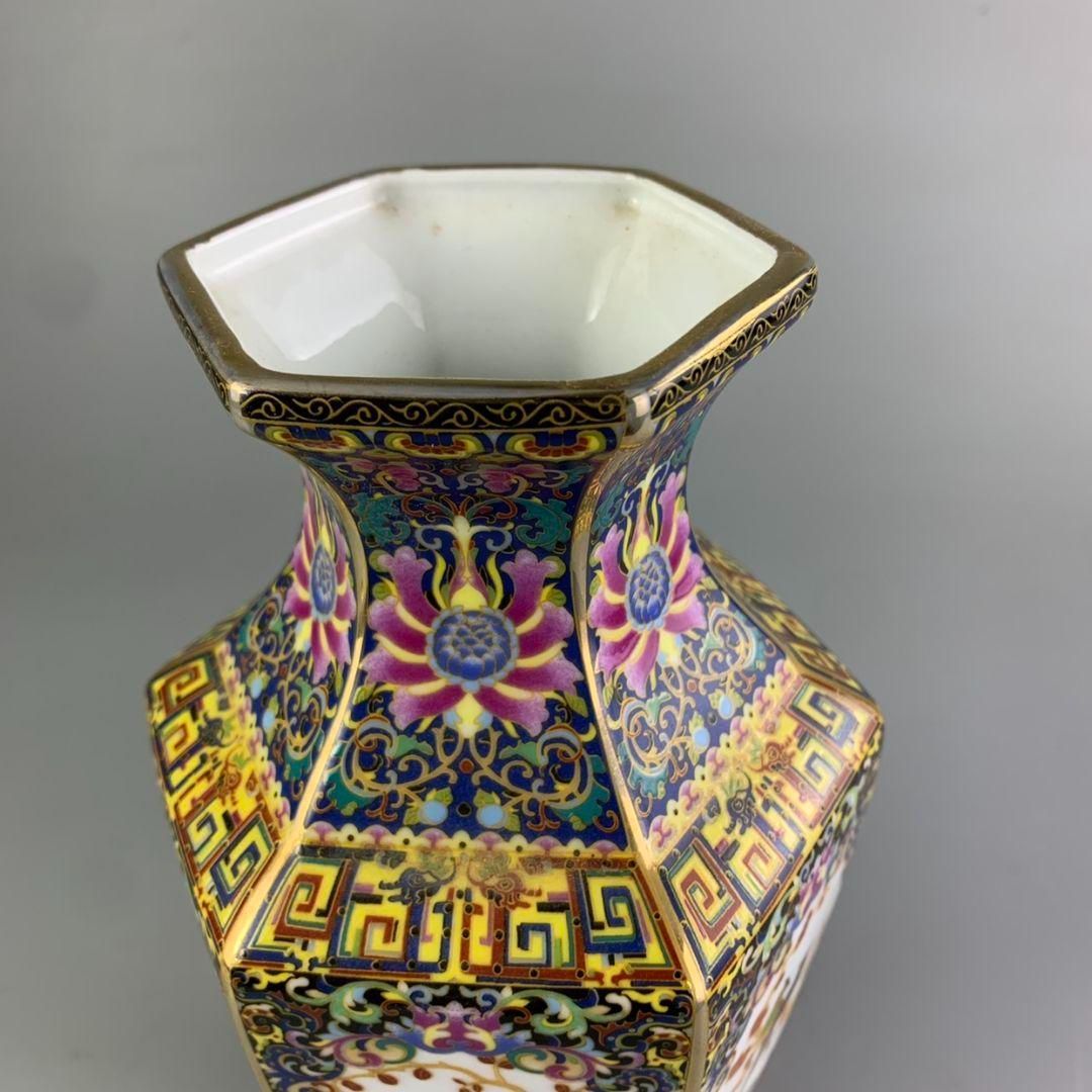 金花鳥六方瓶 景徳鎮 花瓶 琺瑯彩パステル磁器 現代工芸品 美術品 装飾