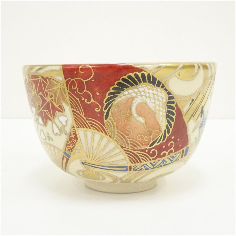 京焼 橋本紫雲造 仁清写扇面文茶碗（共箱） 茶道 抹茶 おしゃれ 抹茶