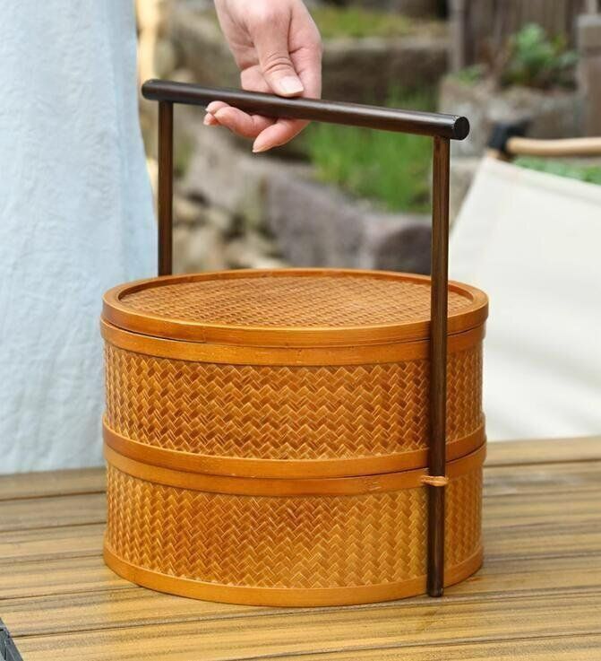 小竹雲斎 造 煤竹 透編 提梁 楕円 盛籃 】 煎茶道具 竹工芸 竹籠