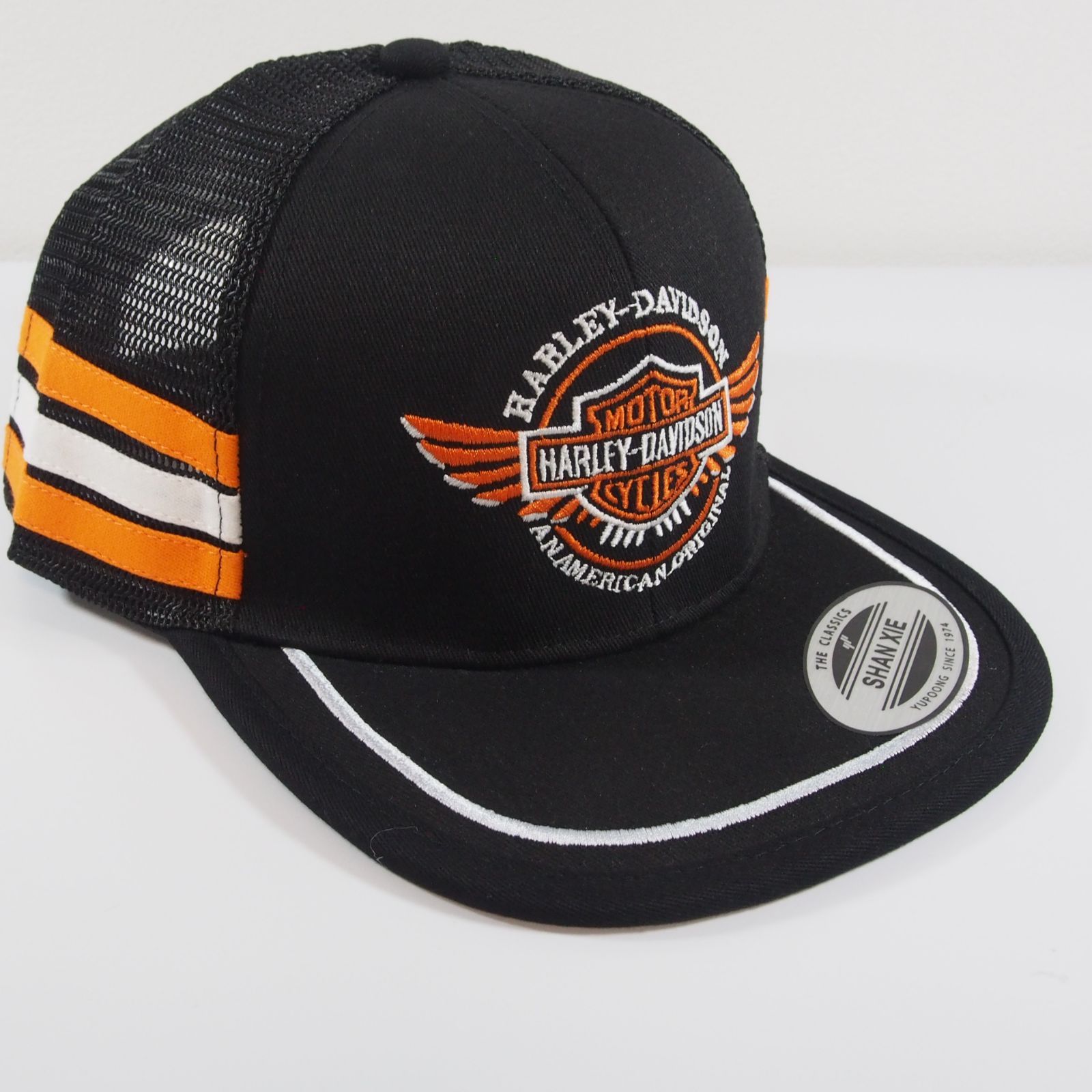 30 黒/横ライン オレンジ/メッシュ Harley-Davidson 刺繍 キャップ