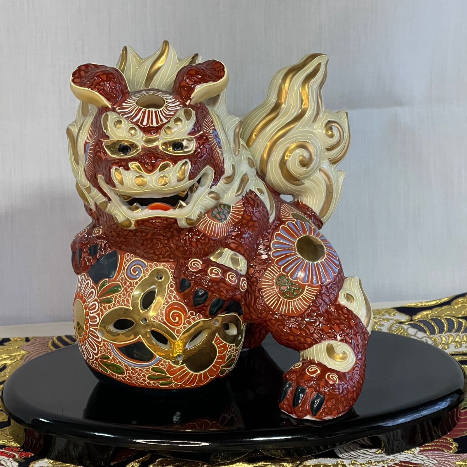 九谷焼 玉乘リ獅子 赤獅子除魔け 緣起物 唐獅子 高さ35cm