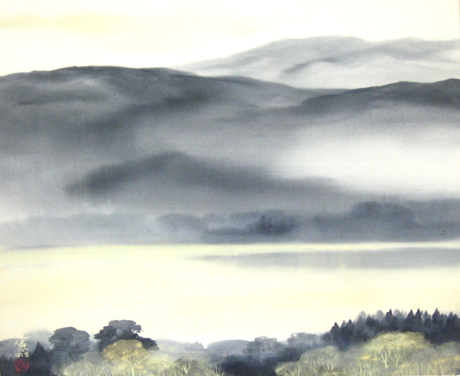 真筆】掛け軸 掛軸 水墨山湖◇川村憲邦 太巻・共箱・二重箱 - メルカリ