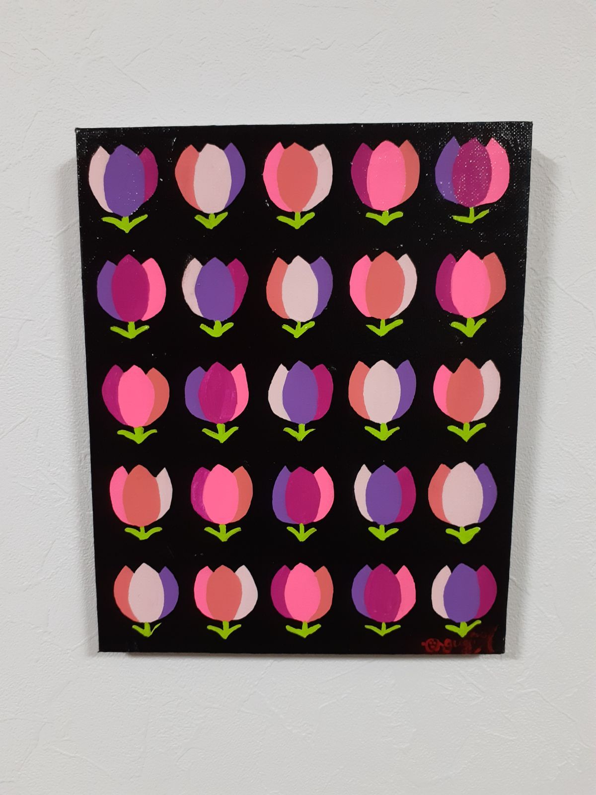 ハッピーチューリップ畑F10号作品アンティーク額付き画家小楠アキコ作品