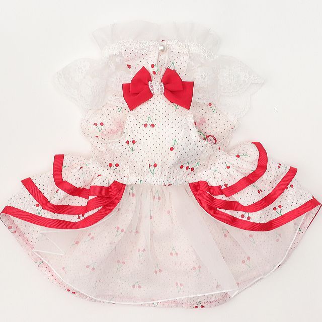 犬服 夏 きゃんナナ さくらんぼフレアワンピース ピンク レッド SS-LL