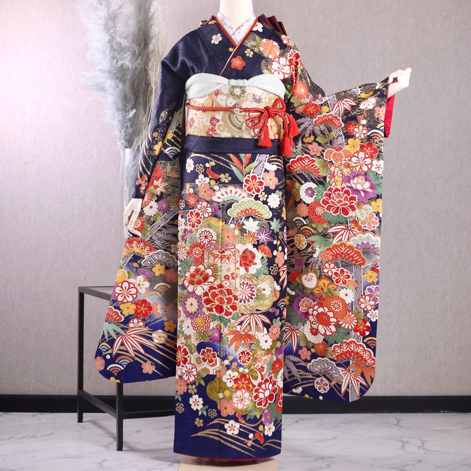 振袖フルセット 振袖セット 振袖 Lサイズ 中古 紺×古典 美品 成人式