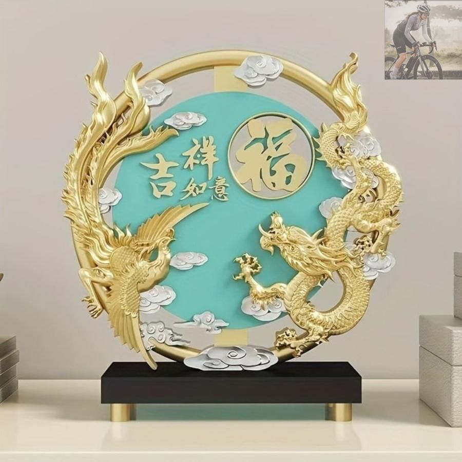 新品未使用】龍 ドラゴン 鳳凰 鶏 円形 オブジェ 置物 運 風水 幸運