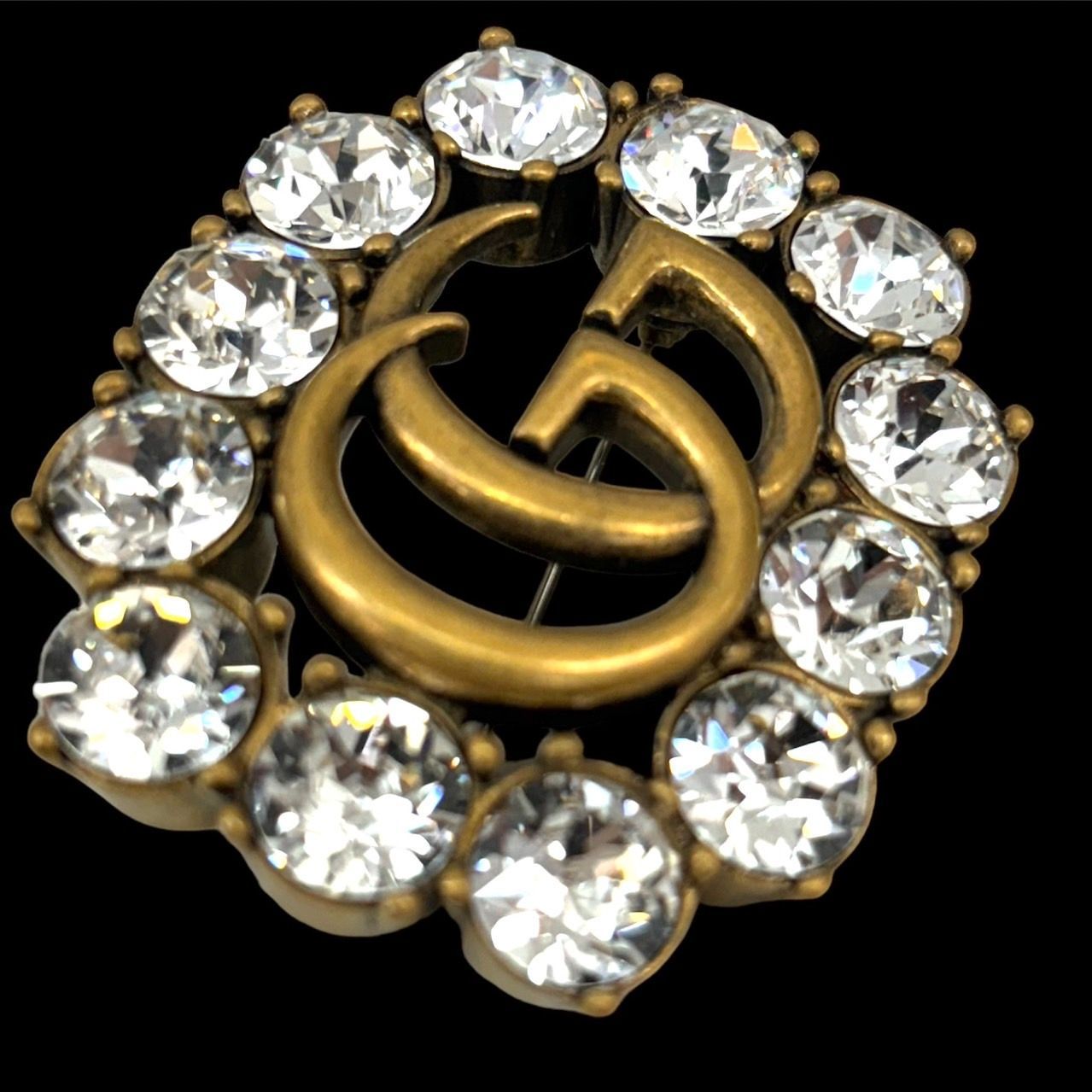 GUCCI グッチ ブローチ GGマーモント GG柄 ラインストーン クリスタル