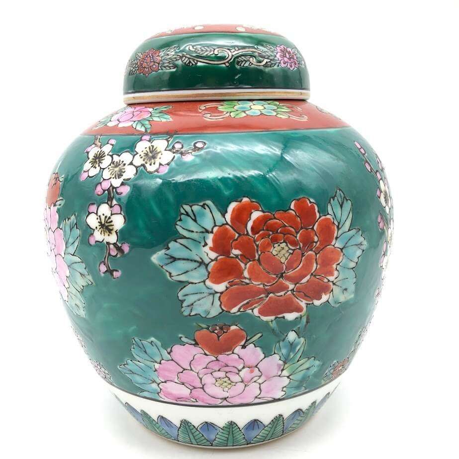 ss7950 【中古】 伊万里焼 茶壺 緑 花鳥 絵付け 陶器 焼物 つぼ 蓋付