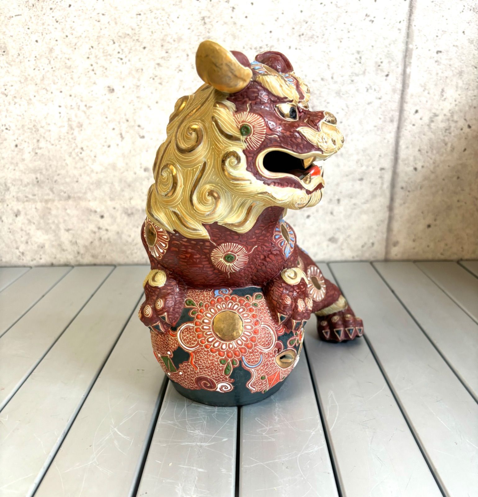 はやみ玉乗り獅子 糠川清章作 九谷焼 魔除け 縁起物 狛犬 剣 置物 緑