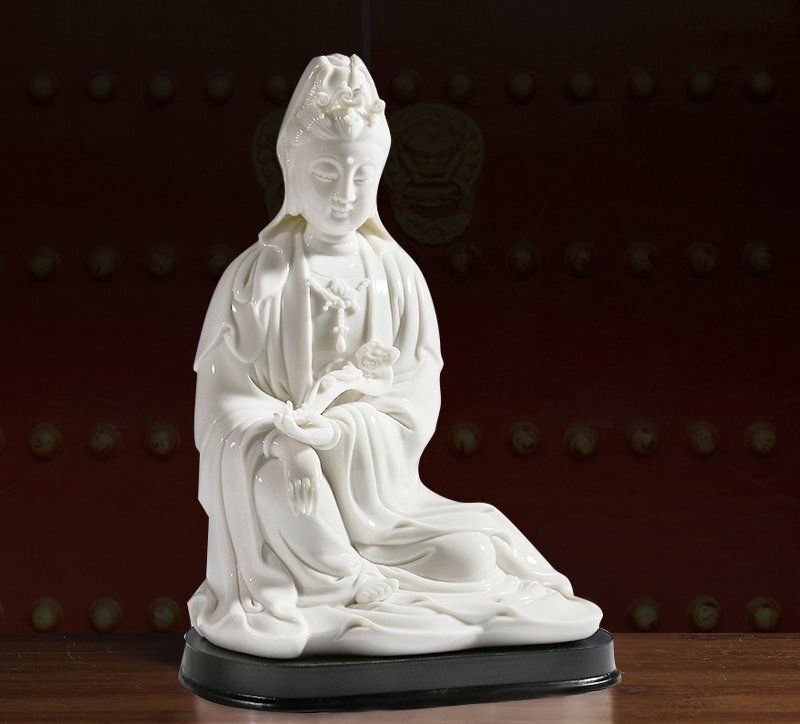 中国美術 白磁 蓮上観音立像 唐木台付 置物仏像〈検 徳化窯 観音菩薩
