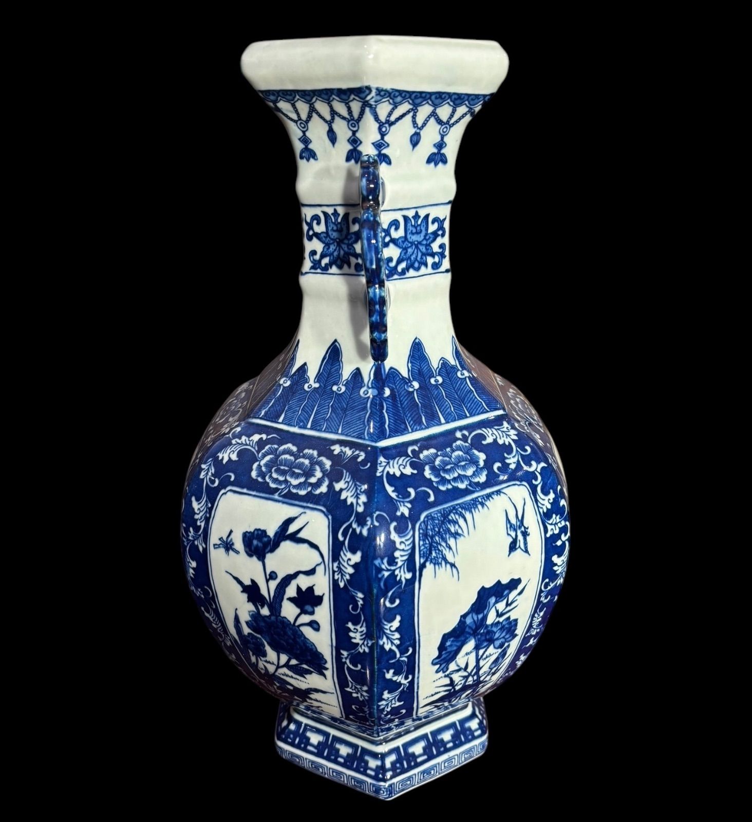 中国 染付六角瓶 鳳凰&雲鶴紋 送料込み1116 中国 染付