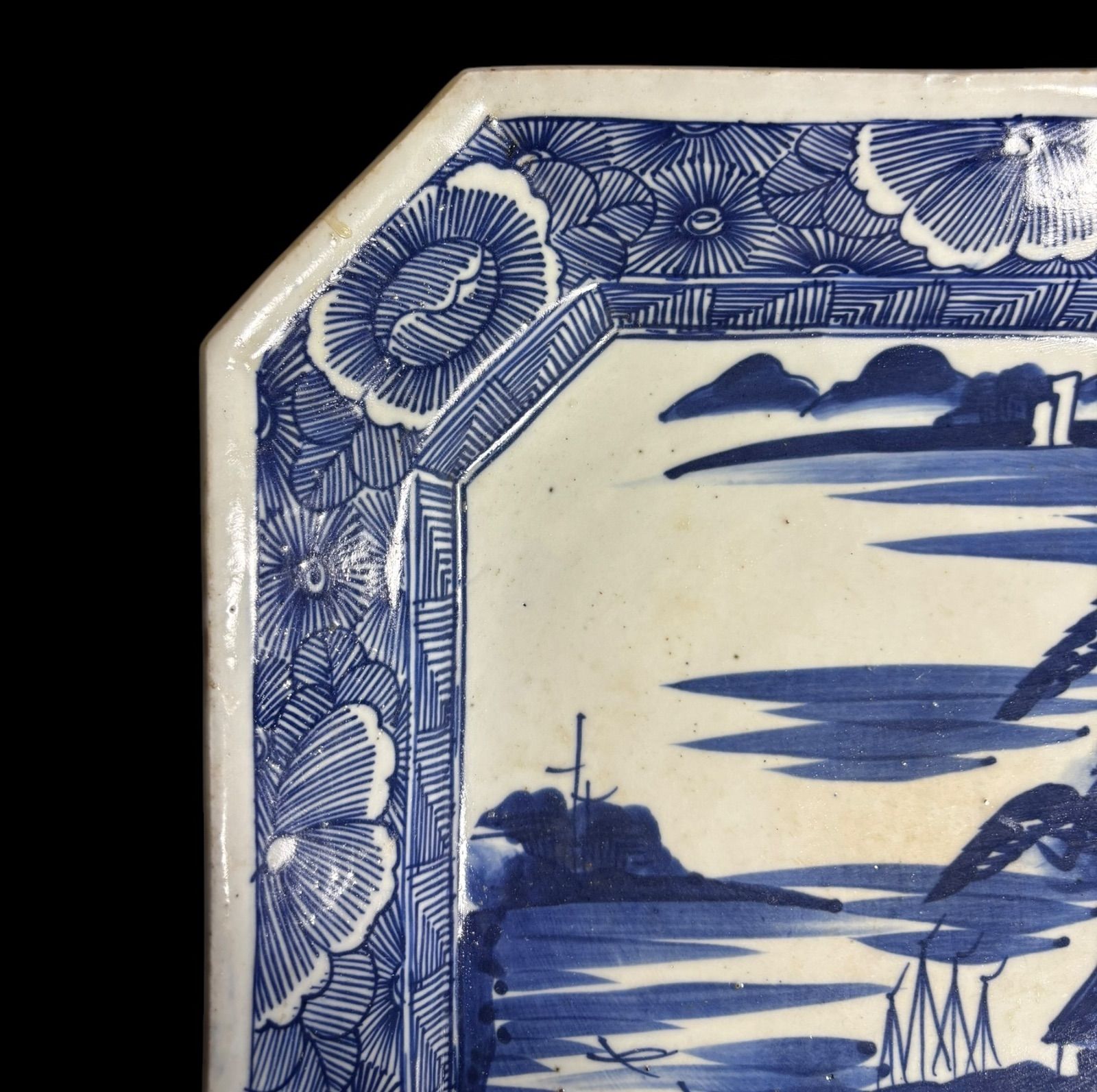 古伊万里 八角絵皿 [山水風景図] 染付 年代物 大皿 角皿 平皿 取り皿