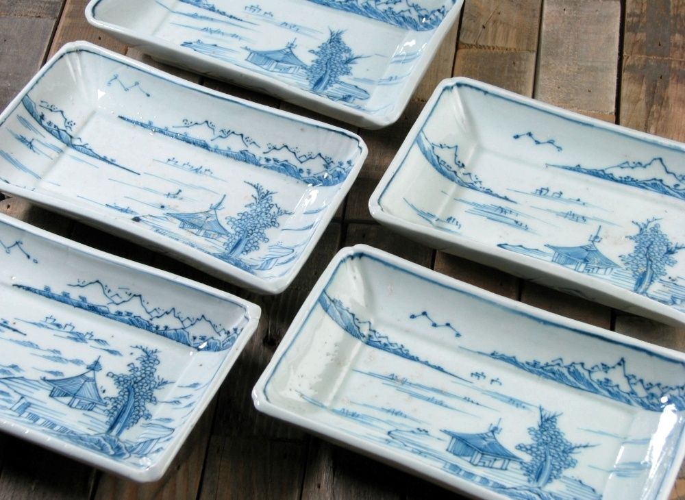 注文 古伊万里 染付 山水楼閣文長皿5枚 幅：17cm 江戸後期/24e047 古