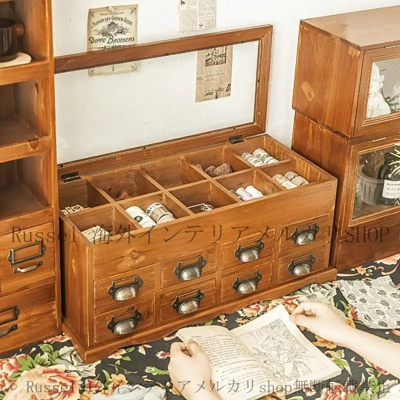 収納ボックス ヴィンテージ調 木製 引き出し付き 多層ガラス製 手芸