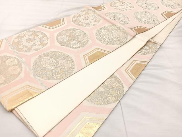 銀糸 正絹 袋帯 唐織 亀甲小花華紋 六通 振袖，留袖など 銀糸 正絹 袋帯