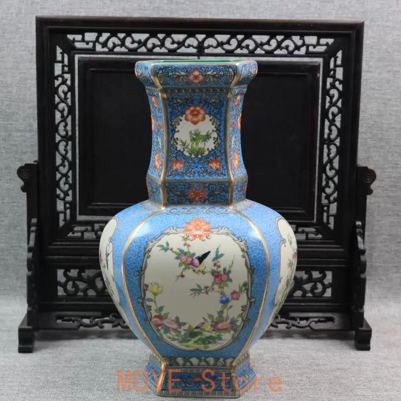 琺瑯彩藍釉鳳穿牡丹両耳瓶 景徳鎮 陶磁器 装飾品 現代工芸品 美術品