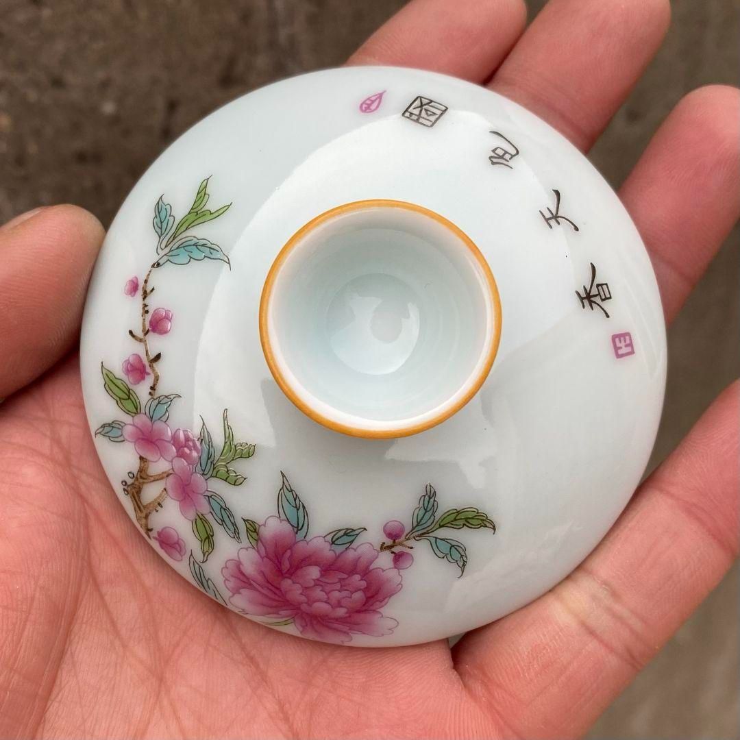 中国美術 粉彩 花鳥画 蓋碗 皿 一対(K-HA502) 中国美術 粉彩 花鳥