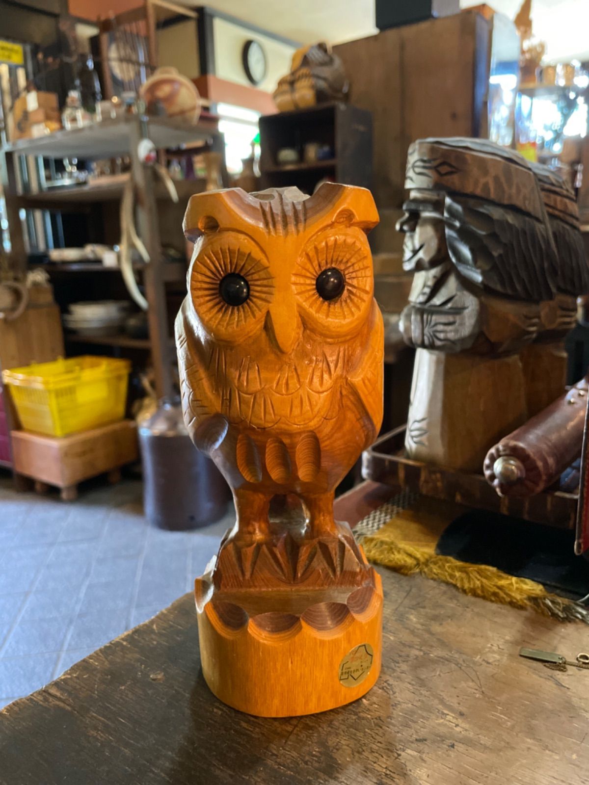 屋久杉工芸品 フクロウ置物 彫刻 天然木 自然木 無垢 手彫り 和風
