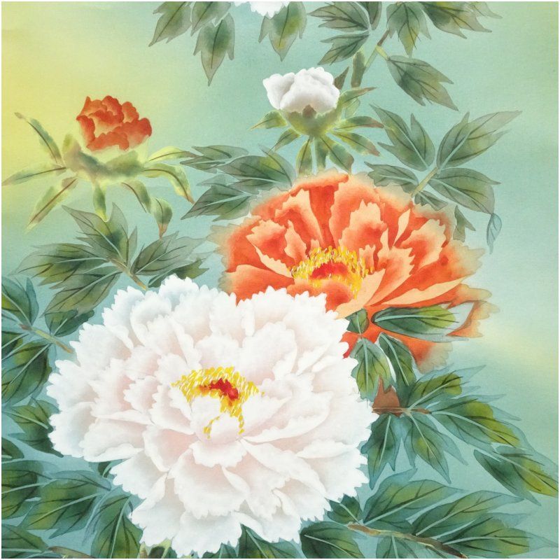 坂本松香筆 牡丹図 肉筆絹本掛軸（共箱） 掛け軸 床の間 書 おしゃれ