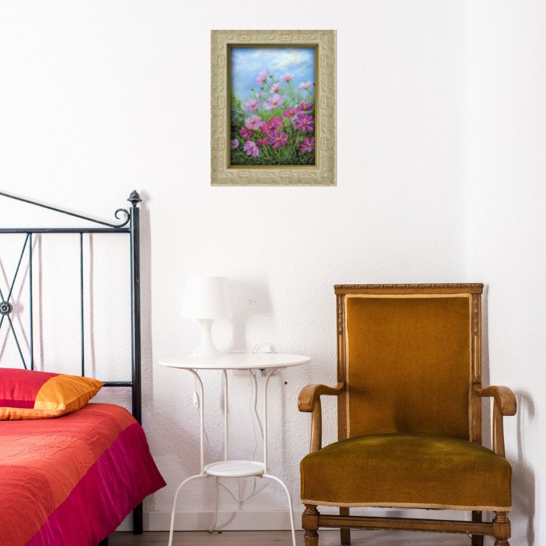 コスモス風景画 painterTMK真筆 「光が舞い降りて…」花の風景画 肉筆 秋の