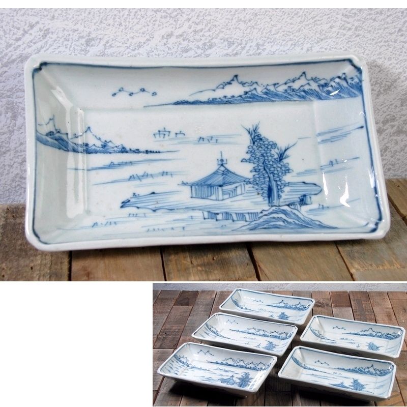 注文 古伊万里 染付 山水楼閣文長皿5枚 幅：17cm 江戸後期/