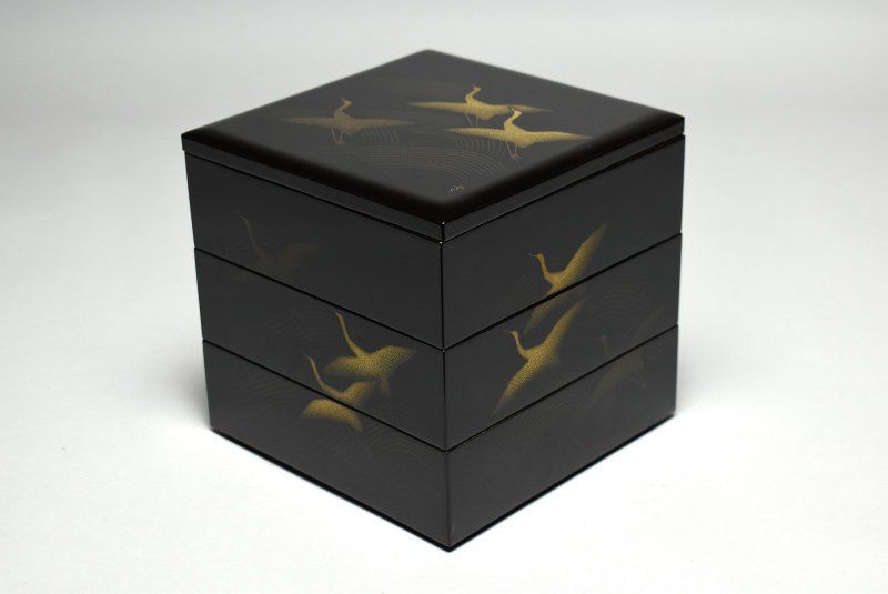 輪島塗 沈金鶴蒔絵 三重箱 宮井健吾 三谷吾一弟子