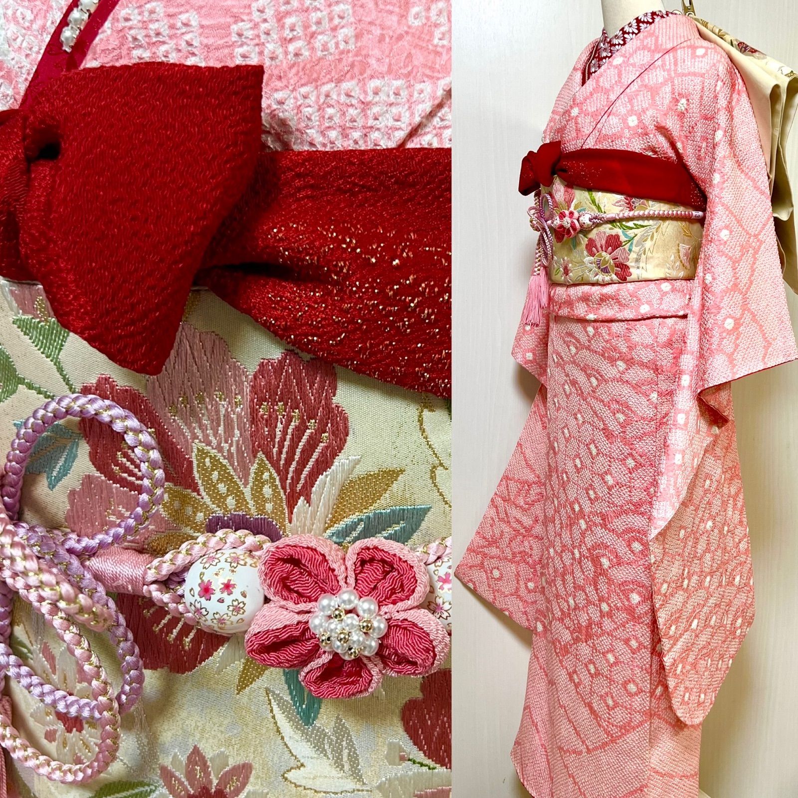 丸昌無地振袖袋帯帯揚げ帯締め 深い赤