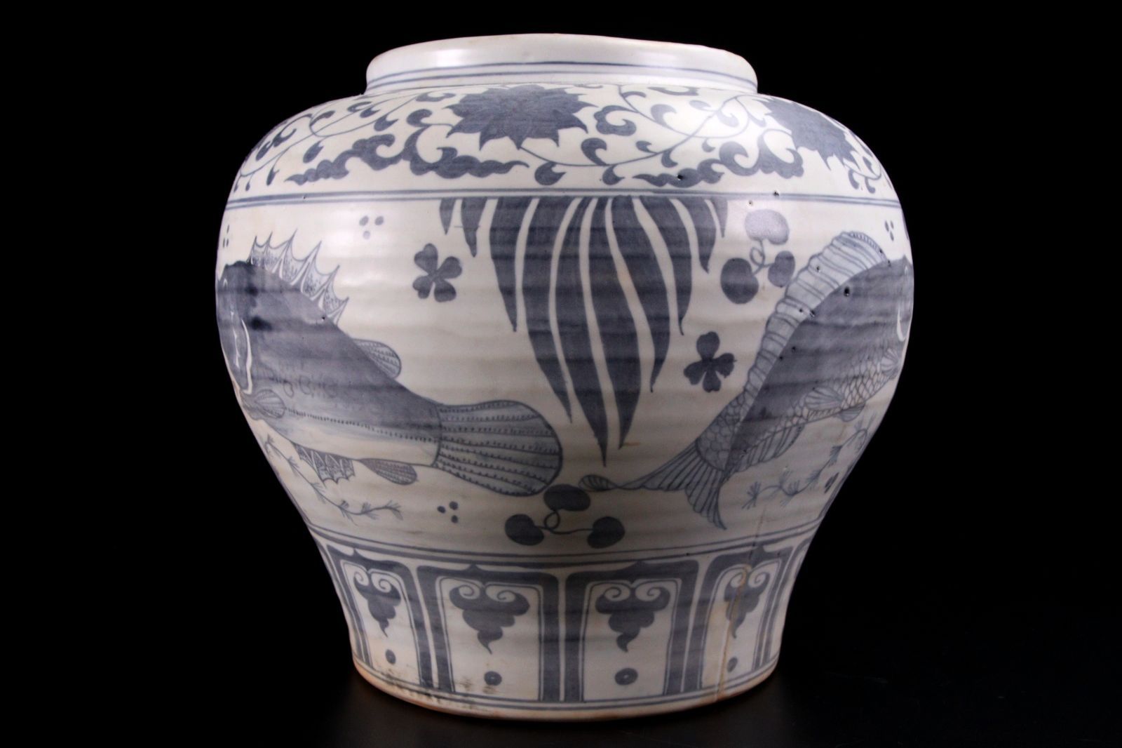 中国 青花魚藻文壷 30cm 白磁 染付 唐物 公式 骨董 古美術 楾 F977-