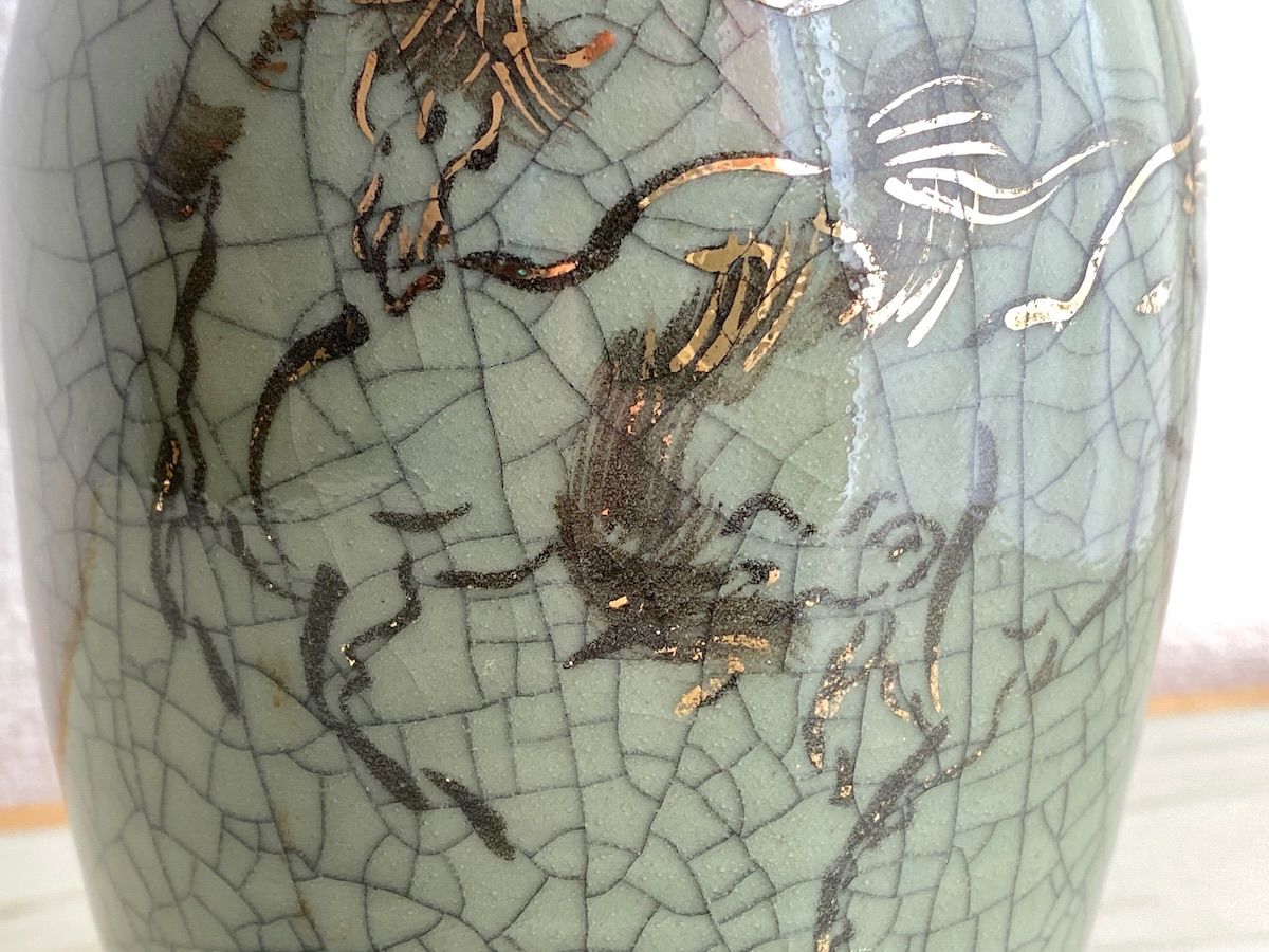 九谷作家中村翠恒 色絵三珍果壺 【釘彫り技法】 中国美しい 陶磁器