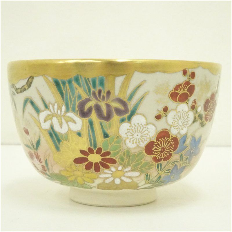 京焼 橋本紫雲造 色絵霞草花文茶碗（共箱） 茶道 抹茶 おしゃれ 抹茶