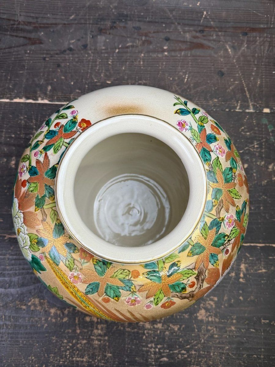 F1337 九谷坂山 九谷焼色絵金彩牡丹鳥図花瓶 骨董 花器 華道具 壺/M5