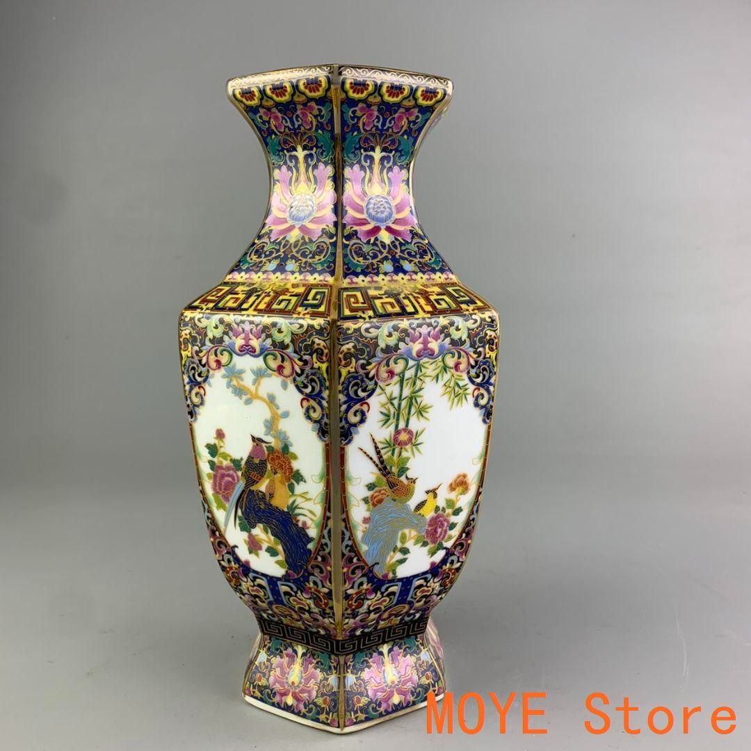 景徳鎮 磁器 琺瑯彩花鳥紋六方瓶 現代工芸品 美術品 装飾品 景徳鎮