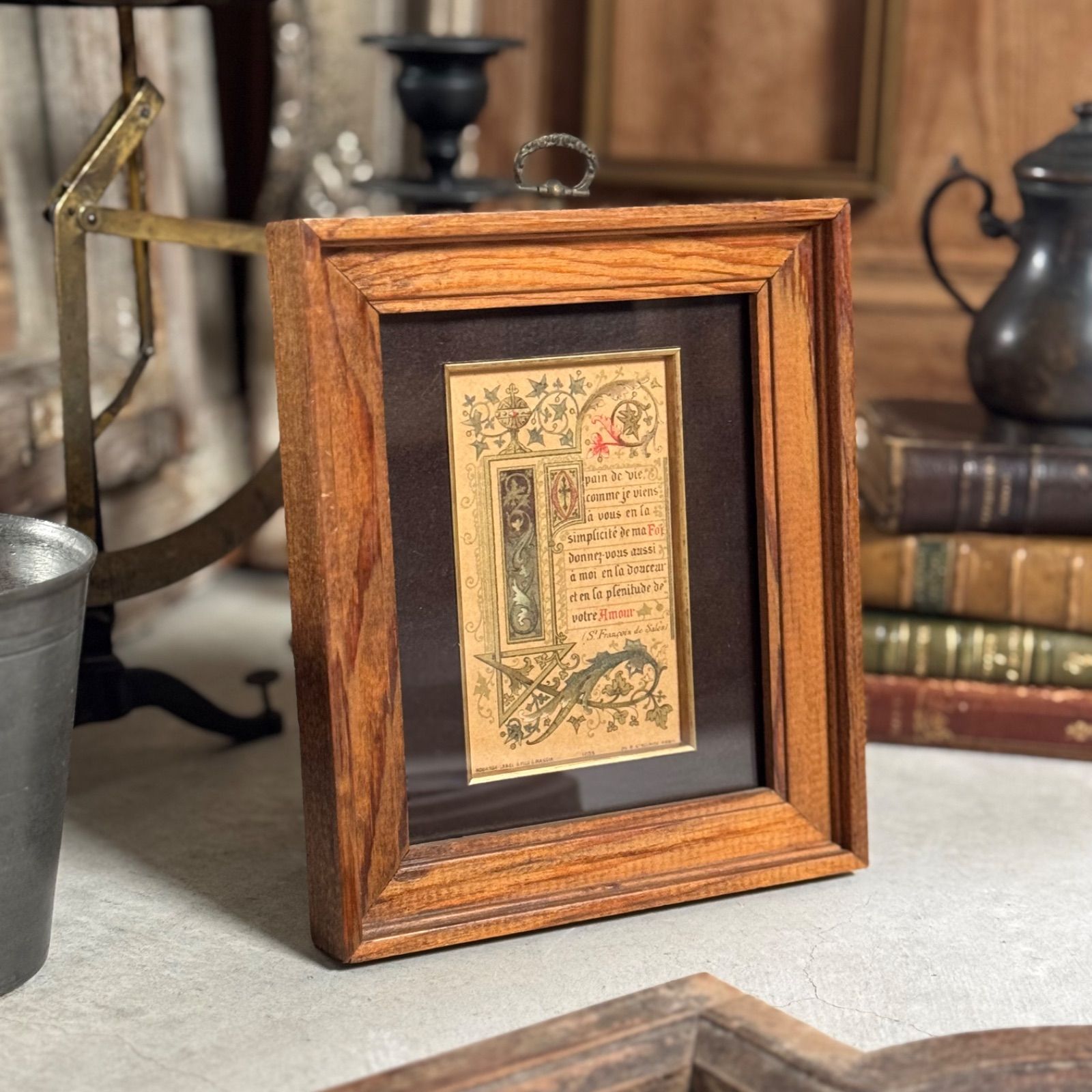 フランス アンティーク ヴィンテージ 『子猫の油絵』 額絵 木枠 N