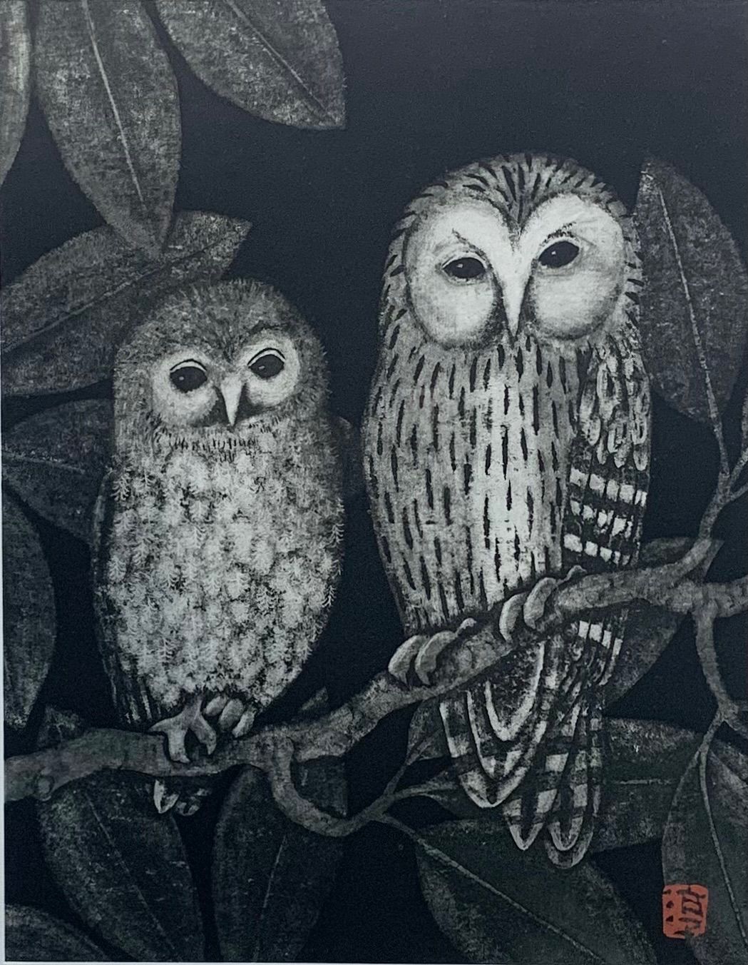 M0922B1 佐藤国男作 かしわばやしの夜 ふくろう 木版画 サインあり