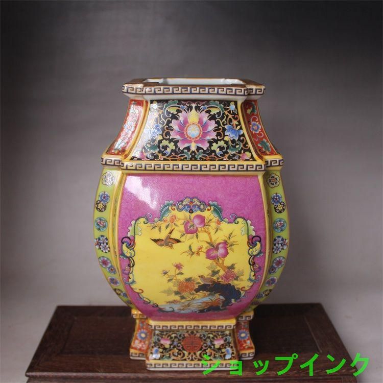 清乾隆蒔金琺瑯彩紫紅花鳥六方花瓶 景徳鎮 陶磁器 装飾品 現代工芸品
