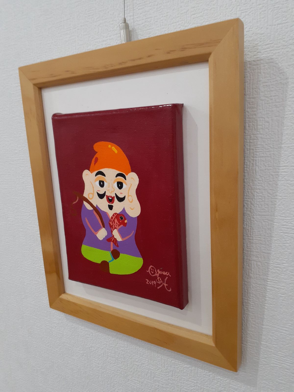 ハッピー恵比寿様 画家 小楠アキコ作品 色紙サイズ 額付き ハッピー